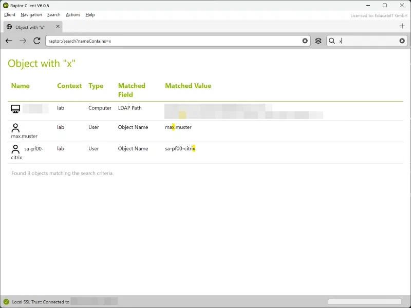 Search in the test environment