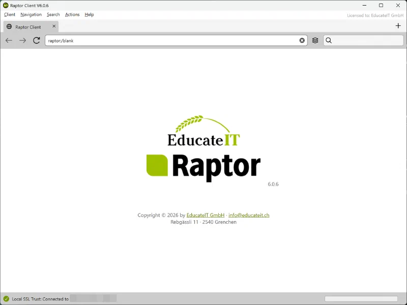 Raptor Client welcome screen