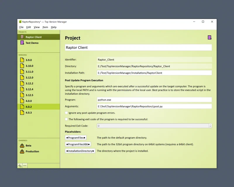 Selecting a project in Manager
